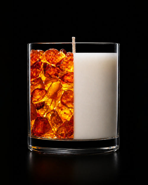 home fragrance candle with floral, green spice, and warm amber base for a smooth, cozy, and sophisticated space